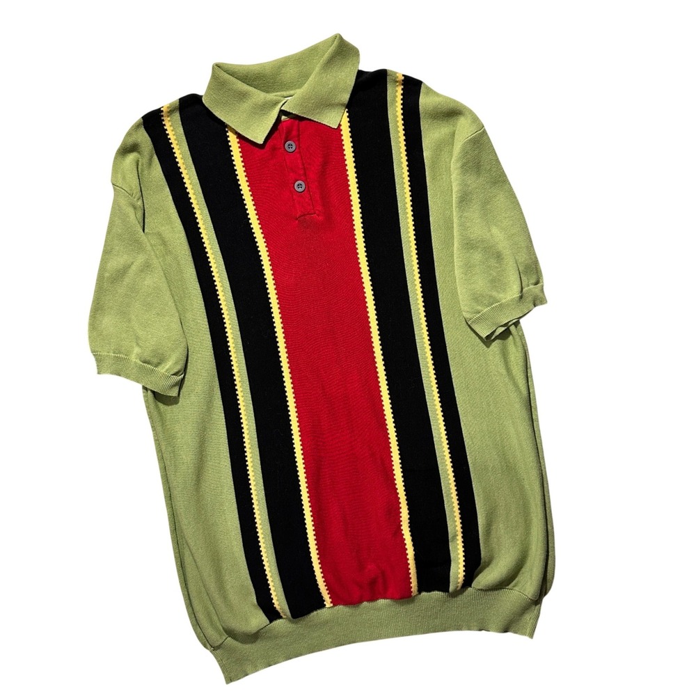 OXKNITSTORE Knit Polo Shirt Mens 2XL Green Vertical Stripe Short Sleeve Cotton